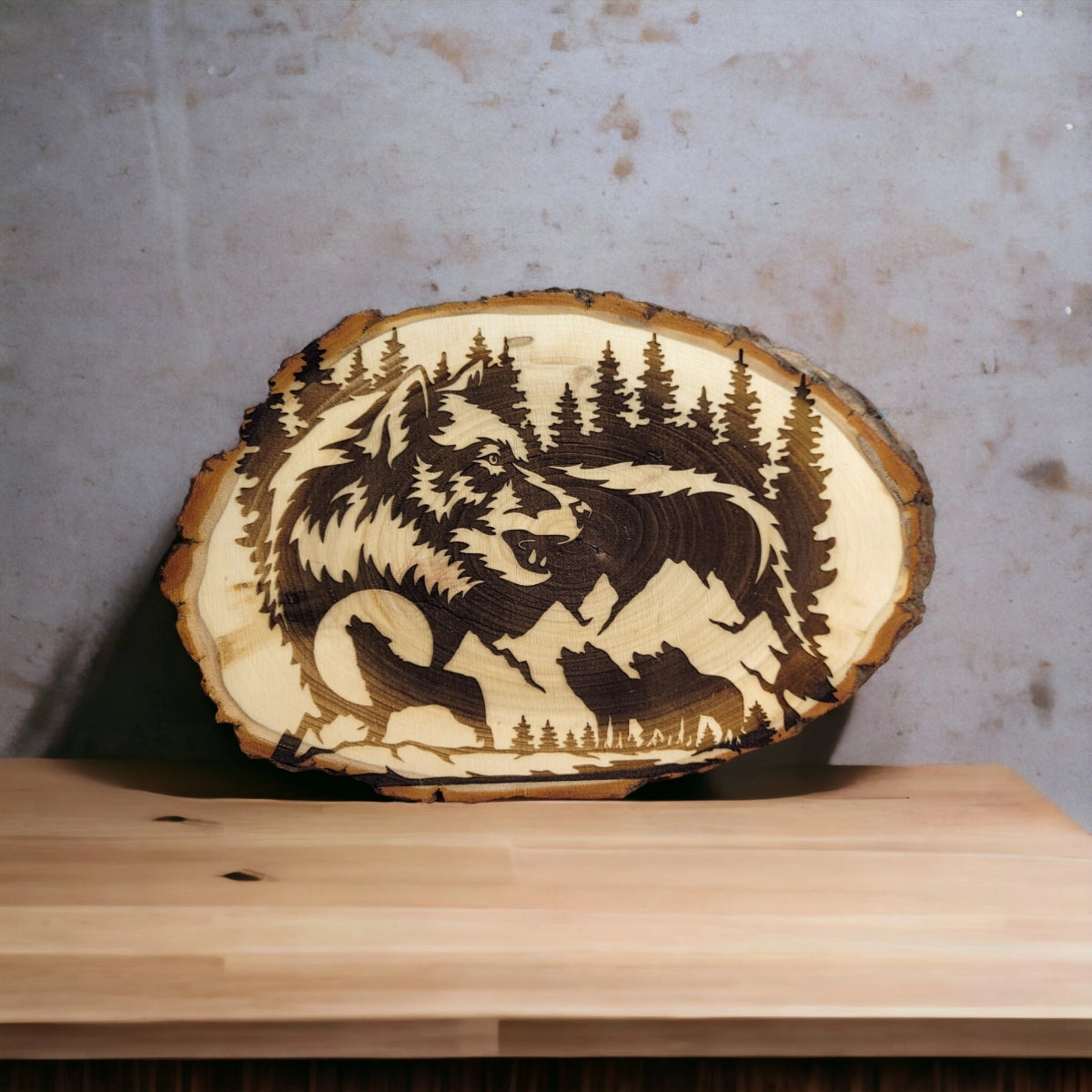 Wooden Plaque with Wolf Scene